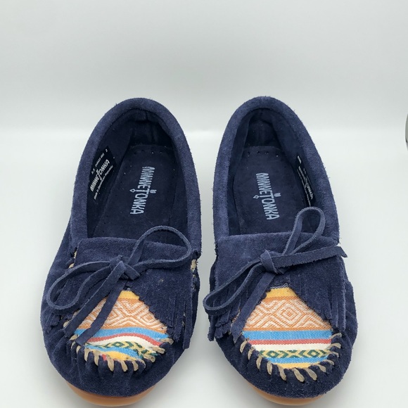 Minnetonka Womens Kilty Leather Suede Hardsole Moccasin Navy Cortez Aztec 5.5 - Picture 4 of 11